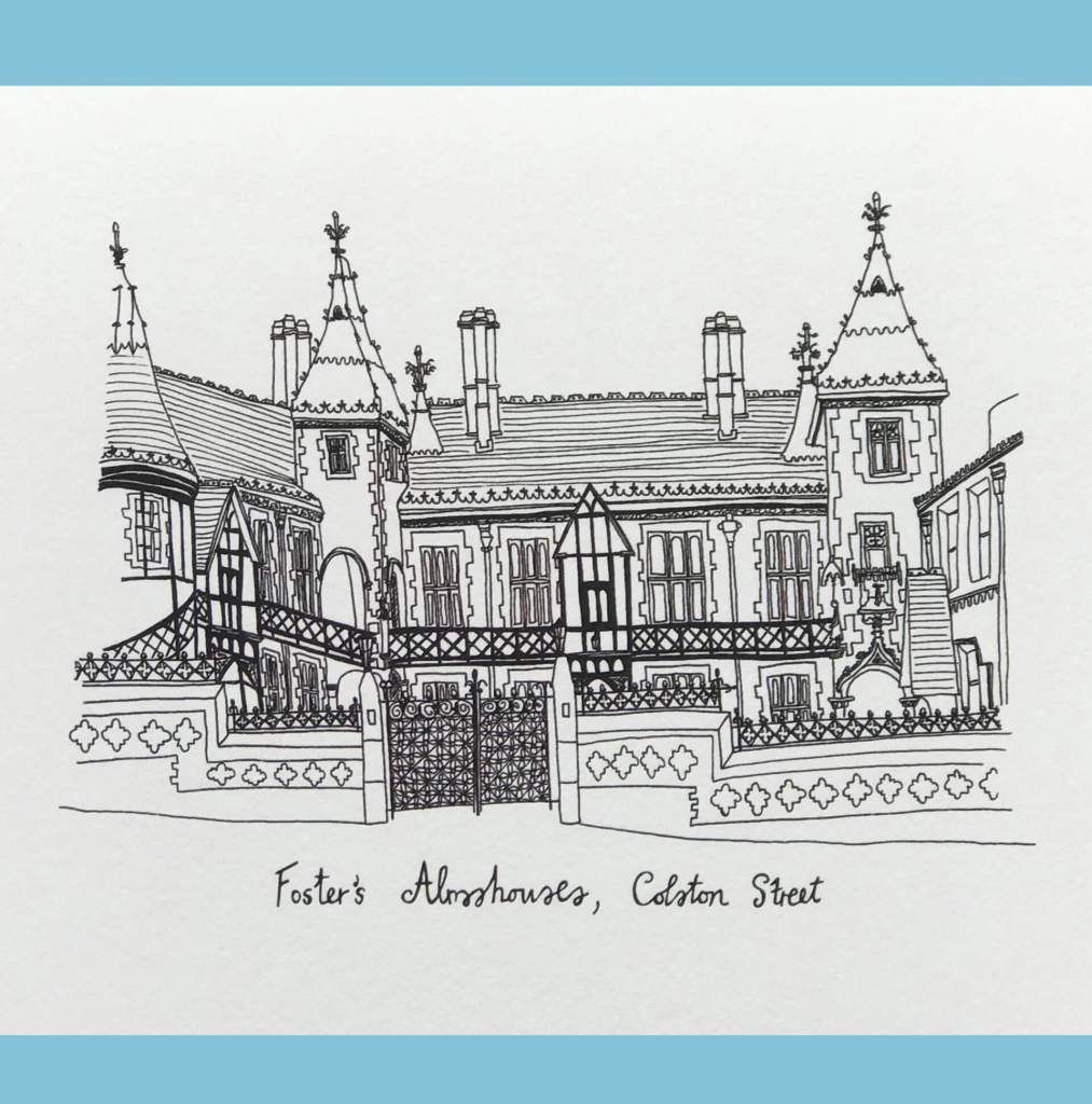 Foster's Almshouses Line Drawing, Bristol Building Illustration by Becky Lees