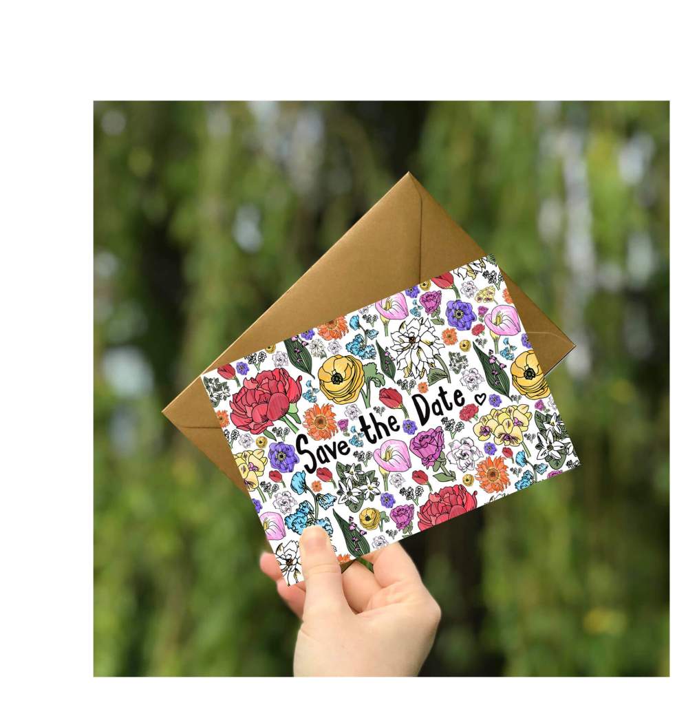 Wedding Save the Date Peony Postcard Design with gold envelope by Becky Lees