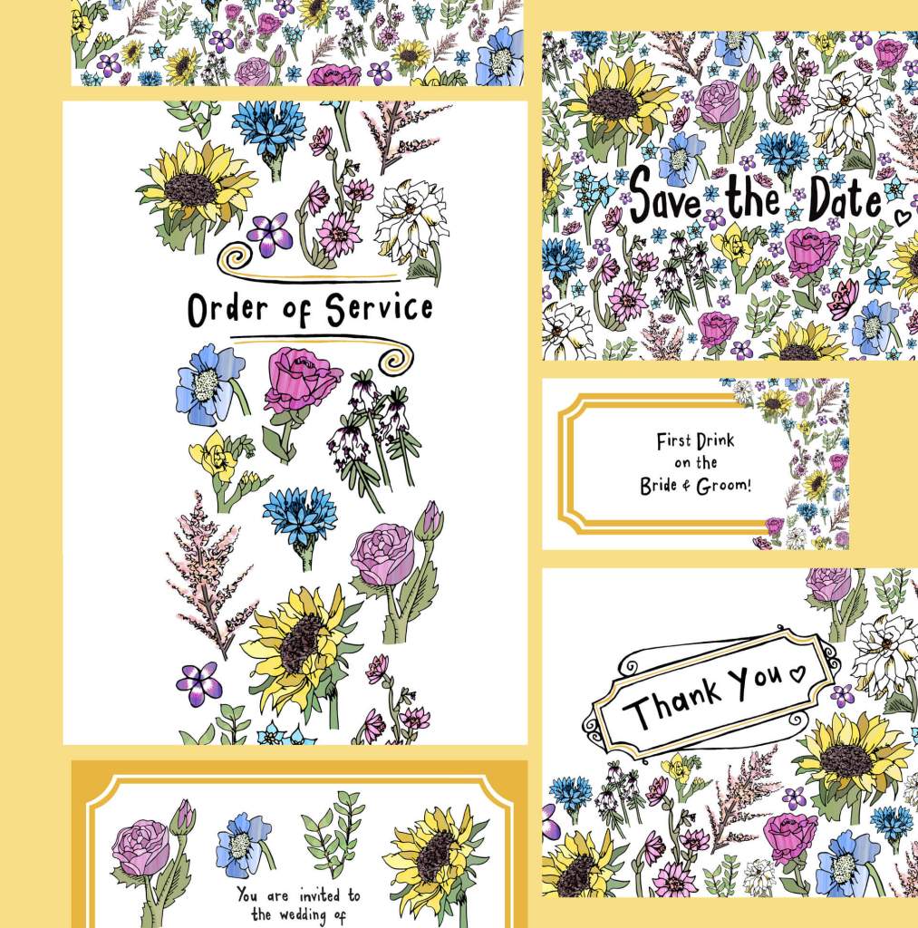 Wedding Stationery Suite, Sunflower Collection - Order of Service, Save the Date, Drinks Token, Thank You Card, Wedding Invitation